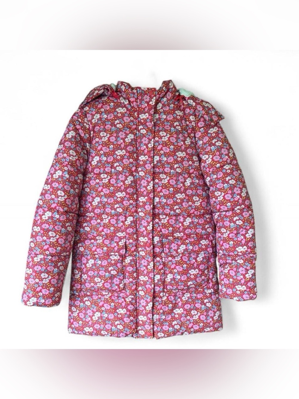 Mini Boden Flowerbed Puffer Coat Parka 13-14Y Floral Removable Hood Insulated
